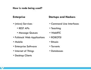 How is node being used? 
Enterprise Startups and Hackers 
• (micro) Services 
• REST APIs 
• Message Queues 
• Fullstack Web Applications 
• Mobile 
• Enterprise Software 
• Internet of Things 
• Desktop Clients 
• Command Line Interfaces 
• Teaching 
• WebRTC 
• ROBOTS! 
• Bitcoin 
• Torrents 
• Databases 
 