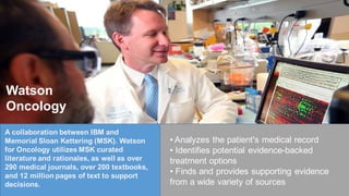 Watson
Oncology
A collaboration between IBM and
Memorial Sloan Kettering (MSK). Watson
for Oncology utilizes MSK curated
literature and rationales, as well as over
290 medical journals, over 200 textbooks,
and 12 million pages of text to support
decisions.
• Analyzes the patient's medical record
• Identifies potential evidence-backed
treatment options
• Finds and provides supporting evidence
from a wide variety of sources
 