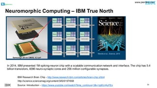 @pieroleo
55
http://science.sciencemag.org/content/345/6197/668
IBM Research Brain Chip - http://www.research.ibm.com/articles/brain-chip.shtml
In 2014, IBM presented 1M spiking-neuron chip with a scalable communicationnetwork and interface. The chip has 5.4
billion transistors, 4096 neuro-synaptic cores and 256 million configurable synapses.
Neuromorphic Computing – IBM True North
Source: Introduction - https://www.youtube.com/watch?time_continue=3&v=jqI0L44yFEo
www.pieroleo.com
 