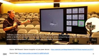 @pieroleo
56
Source: IBM Research Gesture recognition at Low power devices - https://www.ibm.com/blogs/research/2017/07/brain-inspired-cvpr-2017/
Source Video: https://www.youtube.com/watch?v=g08IW-qRomM
Trained a spiking neural network to recognize 10 hand gestures in real-time at 96.5 percent accuracy
within a tenth of a second from the start of each gesture, while consuming under 200 mW – much lower
power than frame-based systems, which use traditional processors.
 
