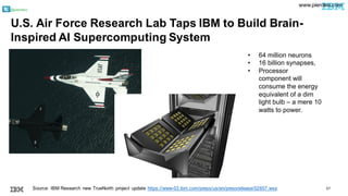 @pieroleo
57
• 64 million neurons
• 16 billion synapses,
• Processor
component will
consume the energy
equivalent of a dim
light bulb – a mere 10
watts to power.
Source: IBM Research new TrueNorth project update https://www-03.ibm.com/press/us/en/pressrelease/52657.wss
U.S. Air Force Research Lab Taps IBM to Build Brain-
Inspired AI Supercomputing System
www.pieroleo.com
 