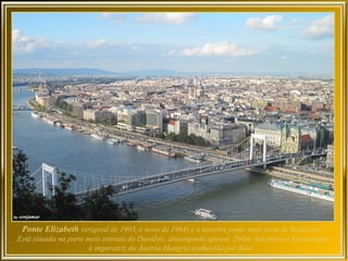 Ponte Elizabeth (original de 1903, e nova de 1964) é a terceira ponte mais nova de Budapeste.
Está situada na parte mais estreita do Danúbio, abrangendo apenas 290m. Seu nome é homenagem
                      à imperatriz da Áustria-Hungria conhecida por Sissi.
 
