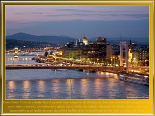 Com linhas brancas e modernas, é a ponte mais elegante de Budapeste. Em sua extremidade do lado Peste,
  entre outros marcos, encontra-se a igreja mais antiga da cidade, enquanto em Buda, uma sequência
    arquitetônica ao redor do sopé da colina Gellért leva ao jardim decorado com a estátua de Sissi.
 