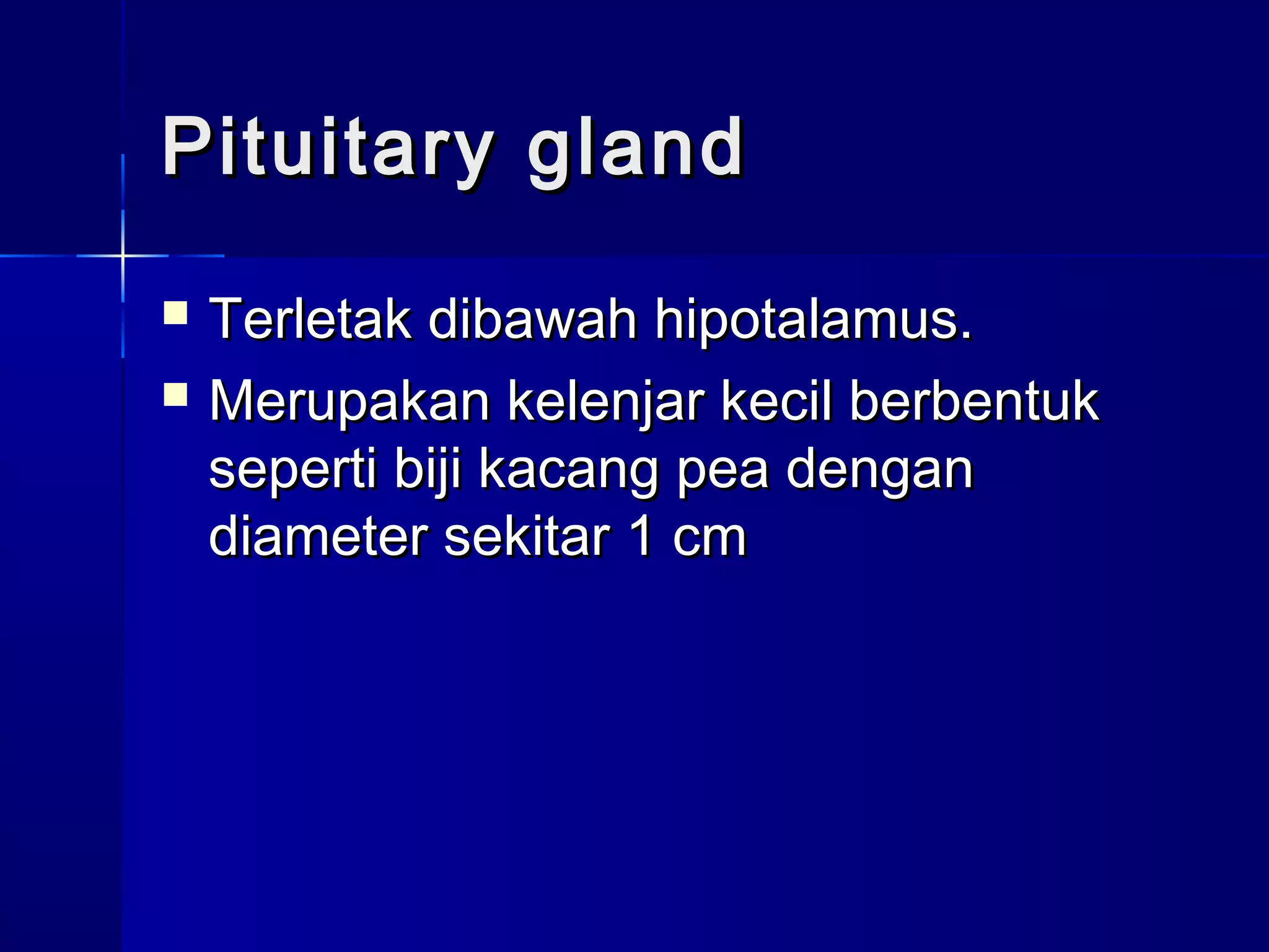 Pituitary glandPituitary gland
 Terletak dibawah hipotalamus.Terletak dibawah hipotalamus.
 Merupakan kelenjar kecil berbentukMerupakan kelenjar kecil berbentuk
seperti biji kacang pea denganseperti biji kacang pea dengan
diameter sekitar 1 cmdiameter sekitar 1 cm
 