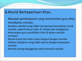 8.Murid Berkeperluan Khas.
- Masalah pembelajaran yang memerlukan guru khas
  membantu mereka .
- Keadaan sekolah yang tidak mempunyai kemudahan untuk
  mereka ,seperti kerusi roda, lif, tandas dan sebagainya.
- Kekurangan guru pendidikan khas di dalam sekolah
  tersebut.
- Murid-murid lain tidak mahu bergaul dengan mereka.
- Sukatan pelajaran yang tidak selaras dengan keupayaan
  mereka.
- Mereka sering dipinggirkan oleh komuniti sekolah.
 