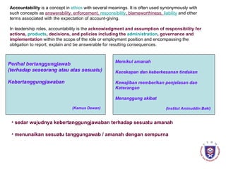 Accountability  is a concept in  ethics  with several meanings. It is often used synonymously with such concepts as  answerability, enforcement,  responsibility , blameworthiness,  liability  and other terms associated with the expectation of account-giving.  In leadership roles, accountability is the  acknowledgment and assumption of responsibility for actions,  products , decisions, and policies including the  administration , governance and implementation  within the scope of the role or employment position and encompassing the obligation to report, explain and be answerable for resulting consequences. sedar wujudnya kebertanggungjawaban terhadap sesuatu amanah menunaikan sesuatu tanggungawab / amanah dengan sempurna Perihal bertanggungjawab  (terhadap seseorang atau atas sesuatu) Kebertanggungjawaban (Kamus Dewan) Memikul amanah Kecekapan dan keberkesanan tindakan Kewajiban memberikan penjelasan dan Keterangan Menanggung akibat (Institut Aminuddin Baki) 