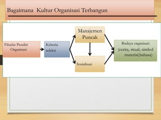 Bagaimana Kultur Organisasi Terbangun
Manajemen
Puncak
Filsafat Pendiri
Organisasi
Kriteria
seleksi
Budaya organisasi
(cerita, ritual, simbol
material,bahasa)
Sosialisasi
 
