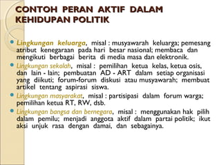 CONTOH PERAN AAKKTTIIFF DDAALLAAMM 
KKEEHHIIDDUUPPAANN PPOOLLIITTIIKK 
Lingkungan keluarga, misal : musyawarah keluarga; pemesang 
atribut kenegaraan pada hari besar nasional; membaca dan 
mengikuti berbagai berita di media masa dan elektronik. 
Lingkungan sekolah, misal : pemilihan ketua kelas, ketua osis, 
dan lain - lain; pembuatan AD - ART dalam setiap organisasi 
yang diikuti; forum-forum diskusi atau musyawarah; membuat 
artikel tentang aspirasi siswa. 
Lingkungan masyarakat, misal : partisipasi dalam forum warga; 
pemilihan ketua RT, RW, dsb. 
Lingkungan bangsa dan bernegara, misal : menggunakan hak pilih 
dalam pemilu; menjadi anggota aktif dalam partai politik; ikut 
aksi unjuk rasa dengan damai, dan sebagainya. 

