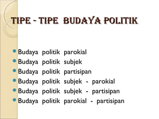 TTIIPPEE -- TTIIPPEE BBUUDDAAYYAA PPOOLLIITTIIKK 
Budaya politik parokial 
Budaya politik subjek 
Budaya politik partisipan 
Budaya politik subjek - parokial 
Budaya politik subjek - partisipan 
Budaya politik parokial - partisipan 
 
