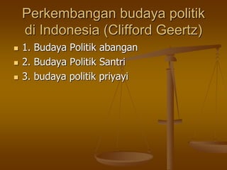 Perkembangan budaya politik
di Indonesia (Clifford Geertz)
 1. Budaya Politik abangan
 2. Budaya Politik Santri
 3. budaya politik priyayi
 