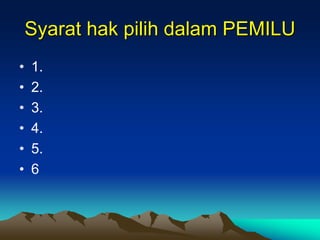 Syarat hak pilih dalam PEMILU
• 1.
• 2.
• 3.
• 4.
• 5.
• 6
 