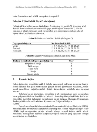 Azizi Yahaya, Nur faizah Abdul Majid /Journal Educational Psychology and Counseling (2011) 95
Nota: Semua item soal selidik merupakan item positif.
Bahagian C (Soal Selidik Gaya Pembelajaran)
Bahagian C terdiri dari soalan Skala Likert 5 mata yang berjumlah 30 item yang telah
diambil dan diubahsuai dari soal selidik gaya pembelajaran Barbe (1987). Soalan
bahagian C adalah bertujuan untuk mengetahui gaya pembelajaran pelajar sekolah
seperti visual, auditori dan kinestetik.
Jadual 5: Perincian Item Soal Selidik (Bahagian C)
Gaya pembelajaran No. Item Soal Selidik
Visual 1, 4, 7, 10, 13, 16, 19, 22, 25, 28
Auditori 2, 5, 8, 11, 14, 17, 20, 23, 26, 29
Kinestetik 3, 6, 9, 12, 15, 18, 21, 24, 27, 30
Jadual 6: Kaedah Pemeringkatan Skala Likert Lima Mata
Budaya formal sekolah/ gaya pembelajaran Skor
Sangat tidak setuju 1
Tidak setuju 2
Tidak pasti 3
Setuju 4
Sangat setuju 5
5. Prosedur kajian
Dalam kajian ini, penyelidik terlebih dahulu mengumpul maklumat mengenai budaya
formal sekolah dan gaya pembelajaran pelajar melalui pembacaan bukubuku, jurnal-
jurnal pendidikan, majalah-majalah ilmiah, kajian-kajian terdahulu dan melayari
internet.
Sebelum kajian dijalankan, penyelidik telah mendapatkan surat pengesahan
status pelajar dari Fakulti Pendidikan, Universiti Teknologi Malaysia (UTM). Selain itu,
penyelidik memohon kebenaran menjalankan kajian daripada Bahagian Perancangan
dan Penyelidikan Dasar Pendidikan, Kementerian Pelajaran Malaysia
(KPM).
Setelah mendapat kelulusan daripada Kementerian Pelajaran Malaysia (KPM),
penyelidik telah mendapatkan kebenaran daripada pihak Jabatan Pelajaran Negeri Johor
(JPNJ) bagi menggunakan pelajar sekolah sebagai sampel kajian. Akhir sekali,
penyelidik mendapatkan keizinan daripada pengetua sekolah yang dijadikan sebagai
tempat kajian ini dijalankan.
 