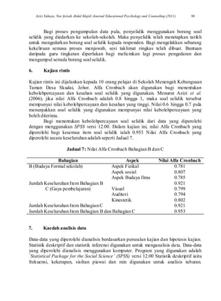 Azizi Yahaya, Nur faizah Abdul Majid /Journal Educational Psychology and Counseling (2011) 96
Bagi proses pengumpulan data pula, penyelidik menggunakan borang soal
selidik yang diedarkan ke sekolah-sekolah. Maka penyelidik telah menetapkan tarikh
untuk mengedarkan borang soal selidik kepada responden. Bagi mengelakkan sebarang
kekeliruan semasa proses menjawab, sesi taklimat ringkas telah dibuat. Bantuan
daripada guru tingkatan diperlukan bagi melicinkan lagi proses pengedaran dan
mengumpul semula borang soal selidik.
6. Kajian rintis
Kajian rintis ini dijalankan kepada 10 orang pelajar di Sekolah Menengah Kebangsaan
Taman Desa Skudai, Johor. Alfa Cronbach akan digunakan bagi menentukan
kebolehpercayaan dan kesahan soal selidik yang digunakan. Menurut Azizi et al.
(2006), jika nilai Alfa Cronbach adalah 0.8 hingga 1, maka soal selidik tersebut
mempunyai nilai kebolehpercayaan dan kesahan yang tinggi. Nilai 0.6 hingga 0.7 pula
menunjukkan soal selidik yang digunakan mempunyai nilai kebolehpercayaan yang
boleh diterima.
Bagi menentukan kebolehpercayaan soal selidik dari data yang diperolehi
dengan menggunakan SPSS versi 12.00. Dalam kajian ini, nilai Alfa Cronbach yang
diperolehi bagi kesemua item soal selidik ialah 0.953 Nilai Alfa Cronbach yang
diperolehi secara keseluruhan adalah seperti Jadual 7.
Jadual 7: Nilai Alfa Cronbach Bahagian B dan C
Bahagian Aspek Nilai Alfa Cronbach
B (Budaya Formal sekolah) Aspek Fizikal 0.781
Aspek sosial 0.807
Aspek Budaya Ilmu 0.785
Jumlah Keseluruhan Item Bahagian B 0.921
C (Gaya pembelajaran) Visual 0.799
Auditori 0.794
Kinestetik 0.802
Jumlah Keseluruhan Item Bahagian C 0.921
Jumlah Keseluruhan Item Bahagian B dan Bahagian C 0.953
7. Kaedah analisis data
Data-data yang diperolehi dianalisis berdasarkan persoalan kajian dan hipotesis kajian.
Statistik deskriptif dan statistik inferensi digunakan untuk menganalisis data. Data-data
yang diperolehi dianalisis menggunakan komputer. Program yang digunakan adalah
`Statistical Package for the Social Science’ (SPSS) versi 12.00 Statistik deskriptif iaitu
frekuensi, kekerapan, sisihan piawai dan min digunakan untuk analisis taburan.
 