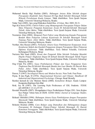 Azizi Yahaya, Nur faizah Abdul Majid /Journal Educational Psychology and Counseling (2011) 111
Muhamad Harzly Haji Hashim (2005). Hubungan Antara Iklim Sekolah dengan
Pencapaian Akademik: Satu Tinjauan Di Tiga Buah Sekolah Menengah Teknik
Wilayah Persekutuan Kuala Lumpur. Tidak diterbitkan. Tesis Ijazah Sarjana
Muda, Universiti Teknologi Malaysia, Skudai.
Nahar Tajri (2005). Apa yang Dilakukan Itulah Doa. Al Islam. Mei. 2005; 30-31.
Ngei Kie Soon (1978). Faktor-Faktor yang Mempengaruhi Pencapaian Pelajar Dalam
Mata Pelajaran Pengajian Kejuteraan Awam Di Sekolah-Sekolah Menengah
Teknik, Johor Bahru. Tidak diterbitkan. Tesis Ijazah Sarjana Muda, Universiti
Teknologi Malaysia, Skudai
Nooraniza Alias (2004). Mengenal Pasti Faktor yang Mendorong Kepada Pencapaian
Rendah Mata Pelajaran Lukisan Kejuteraan Di Sekolah Menengah Teknik
Tanjung Puteri, Johor Bahru. Tidak diterbitkan. Tesis Ijazah Sarjana Muda,
Universiti Teknologi Malaysia, Skudai.
Norihan Abu Hassan (2001). Perkaitan Antara Gaya Pembelajaran Keupayaan Awal,
Kesukaran Subjek dan Kaedah Pengajaran dengan Pencapaian Mata Pelajaran
Diploma Kejuteraan. Tidak diterbitkan. Tesis Doktor Falsafah, Universiti
Kebangsaan Malaysia, Bangi
Nurizam Mat Saad (2002). Kesan dan Pengaruh Iklim Sekolah Terhadap Masalah
Displin Pelajar Tingkatan Empat Di Sebuah Sekolah Menengah Teknik Negeri
Terengganu. Tidak diterbitkan. Tesis Ijazah Sarjana Muda, Universiti Teknologi
Malaysia, Skudai
Ong Chiek Pin (2001). Gaya Pembelajaran Pelajar dan Gaya Pengajaran Guru
Tingkatan Dua Di Sekolah Menengah Bandar dan Luar Bandar Di Daerah Batu
Pahat, Johor. Tidak diterbitkan. Tesis Ijazah Sarjana Muda, Universiti
Teknologi Malaysia, Skudai
Parson, T (1967). Sociological Theory and Modern Society. New York: Free Press
Payne, R dan Pugh, D (1976). Organizational Structure and Climate: Handbook Of
Industrial and Organizational Psychology. Chicago: Rand Mcnally
Ramlan hamzah & Lily Mastura Harun (2006). Kemahiran Belajar. Kuala Lumpur:
Kumpulan Budiman Sdn Bhd.
Reid, Joy M (1987). The Learning Style Preferences of ESL Students. TESOL
QUARTERLY. 21 (1); 87-95.
Rosniah Mustaffa (2007). Mengadaptasi Gaya Pembelajaran Pelajar ESL: Satu Kajian
Kes Pelajar Tahun Satu di UKM. GEMA Online Journal of Language Studies.
7(1), 1-32.
Rohazal Abdullah (1994). Hubungan Antara Gaya Pembelajaran dengan Pencapaian
Matematik Tidak diterbitkan. Tesis Ijazah Sarjana Muda, Universiti Teknologi
Malaysia, Skudai
Rohaimi Ibrahim (2000). Cara Belajar yang Diamalkan dan Hubungannya dengan
Pencapaian Di Kalangan Pelajar-Pelajar Sekolah Menengah Di Daerah
Kemaman Terengganu. Tidak diterbitkan. Tesis Ijazah Sarjana Muda, Universiti
Teknologi Malaysia, Skudai
 