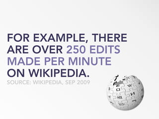 FOR EXAMPLE, THERE
ARE OVER 250 EDITS
MADE PER MINUTE
ON WIKIPEDIA.
SOURCE: WIKIPEDIA, SEP 2009
 