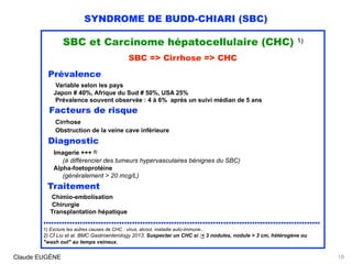 SYNDROME DE BUDD-CHIARI (SBC)
SBC et Carcinome hépatocellulaire (CHC) 1)
SBC => Cirrhose => CHC
Prévalence 
Variable selon les pays 
Japon # 40%, Afrique du Sud # 50%, USA 25% 
Prévalence souvent observée : 4 à 6% après un suivi médian de 5 ans
Facteurs de risque 
Cirrhose 
Obstruction de la veine cave inférieure 
Diagnostic 
Imagerie +++ 2) 
(à différencier des tumeurs hypervasculaires bénignes du SBC) 
Alpha-foetoprotéine 
(généralement > 20 mcg/L)
Traitement 
Chimio-embolisation 
Chirurgie 
Transplantation hépatique
..........................................................................................................
1) Exclure les autres causes de CHC : virus, alcool, maladie auto-immune... 
2) Cf Liu et al. BMC Gastroenterology 2013. Suspecter un CHC si :< 3 nodules, nodule > 3 cm, hétérogène ou
"wash out" au temps veineux. 
Claude EUGÈNE 18
 