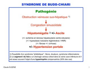 SYNDROME DE BUDD-CHIARI
Pathogénie
 
Obstruction veineuse sus-hépatique 1)
Congestion sinusoïdale
Hépatomégalie 2) +/- Ascite
(+/- ischémie et nécrose hépatocytaire centro-lobulaire)
(+/- hyperplasie nodulaire régénérative / HNR)
(+/- fibrose +/- cirrhose)
+/- Hypertension portale
..............................................................................................
1) Possibilité d'un syndrome "phlébitique" : fièvre, douleurs, syndrome inflammatoire.
2) Le segment I du foie a un drainage veineux direct dans la veine cave inférieure et il
est assez souvent l'objet d'une hypertrophie compensatrice (50% des cas).
Claude EUGÈNE 3
 