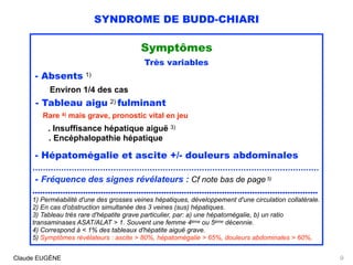 SYNDROME DE BUDD-CHIARI
Symptômes
Très variables
- Absents 1) 
Environ 1/4 des cas
- Tableau aigu 2) fulminant
Rare 4) mais grave, pronostic vital en jeu
. Insuffisance hépatique aiguë 3) 
. Encéphalopathie hépatique
 
- Hépatomégalie et ascite +/- douleurs abdominales
..............................................................................................................
- Fréquence des signes révélateurs : Cf note bas de page 5) 
.................................................................................................................
1) Perméabilité d'une des grosses veines hépatiques, développement d'une circulation collatérale. 
2) En cas d'obstruction simultanée des 3 veines (sus) hépatiques. 
3) Tableau très rare d'hépatite grave particulier, par: a) une hépatomégalie, b) un ratio
transaminases ASAT/ALAT > 1. Souvent une femme 4ème ou 5ème décennie. 
4) Correspond à < 1% des tableaux d'hépatite aiguë grave.
5) Symptômes révélateurs : ascite > 80%, hépatomégalie > 65%, douleurs abdominales > 60%,
Claude EUGÈNE 9
 
