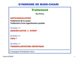 SYNDROME DE BUDD-CHIARI
Traitement
Synthèse
ANTICOAGULATION 
Traitement de la cause 
Traitement d'une hypertension portale...