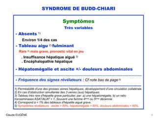 SYNDROME DE BUDD-CHIARI
Symptômes
Très variables
- Absents 1) 
Environ 1/4 des cas
- Tableau aigu 2) fulminant
Rare 4) mai...