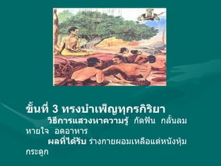 ขั้นที่  3  ทรงบำเพ็ญทุกรกิริยา วิธีการแสวงหาความรู้   กัดฟัน  กลั้นลมหายใจ  อดอาหาร  ผลที่ได้รับ  ร่างกายผอมเหลือแต่หนังหุ้มกระดูก 