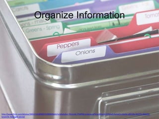 Organize Information

http://www.flickr.com/photos/34912142@N03/4390949664/in/photolist-7G1LmG-7FWPK6-e1dvcq-ajPJCo-8thtuW-97bfwQ-bymsCn-cbstSs-a9CU9y-841YYz-8454S5bmebT8-7M3QgM-e6inbE

 