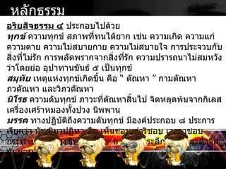 อริยสัจธรรม ๔  ประกอบไปด้วย  ทุกข์  ความทุกข์ สภาพที่ทนได้ยาก เช่น ความเกิด ความแก่ ความตาย ความไม่สบายกาย ความไม่สบายใจ การประจวบกับสิ่งที่ไม่รัก การพลัดพรากจากสิ่งที่รัก ความปรารถนาไม่สมหวัง ว่าโดยย่อ อุปาทานขันธ์ ๕ เป็นทุกข์  สมุทัย  เหตุแห่งทุกข์เกิดขึ้น คือ  “  ตัณหา  ”  กามตัณหา ภวตัณหา และวิภวตัณหา  นิโรธ  ความดับทุกข์ ภาวะที่ตัณหาสิ้นไป จิตหลุดพ้นจากกิเลส เครื่องเศร้าหมองทั้งปวง นิพพาน  มรรค  ทางปฏิบัติถึงความดับทุกข์ มีองค์ประกอบ ๘ ประการ เรียกว่า มัชฌิมาปฏิทา คือ เห็นชอบ ดำริชอบ เจรจาชอบ กระทำชอบ เลี้ยงชีพชอบ พยายามชอบ ระลึกชอบ และตั้งจิตมั่นชอบ หลักธรรม 