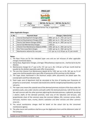 buddh circuit STUDIOS-II @ JPSI – East Page - 10 - of – 16
PRICE LIST
Floors BSP (Rs. Per Sq. m.) BSP (Rs. Per Sq. ft.)
2nd
– 15th
Floor 36,490/- 3,390/-
(Additional Service Tax, as applicable)
Other Applicable Charges:
S. No. Payment Head Charges / Rate (in Rs.)
1 Internal Development Charges (IDC) 808/- per sq. m. (75/- per sq. ft.)
2 External Development Charges (EDC) 808/- per sq. m. (75/- per sq. ft.)
3 Electric Sub Station Charges (ESSC) 431/- per sq. m. (40/- per sq. ft.)
4 Social Club Membership Charges 1.00 Lac
5 Interest Free Maintenance Deposit (IFMD) 539/- per sq. m. (50/- per sq. ft.)
6 One Time Lease Rent charges 539/- per sq. m. (50/- per sq. ft.)
7 Maintenance advance for one year 17/- per sq. m (1.50 per sq. ft.) per month
Notes:
1. The Basic Prices are for the indicated Super area and are not inclusive of other applicable
charges mentioned above.
2. Stamp Duty, Registration Charges, and legal / Miscellaneous expenses etc., shall be borne by the
Allottee.
3. Maintenance charges for 1st
year at Rs. 17/- per sq m. (Rs. 1.50 per sq ft) per month shall be
payable by the allottee separately upon offer of possession.
4. The one time Interest Free Maintenance deposit @ Rs. 539/- per sq. m (Rs. 50/- per sq. ft.) of
super area shall be payable extra upon offer of possession of the premises to the allottee.
5. The Super Areas mentioned in the brochure and/or other documents are based upon the
concept plans and thus indicative only.
6. Exact super area of Apartment shall be calculated at the time of handing over Possession of
property as constructed. Increased / decreased area shall be charged proportionately as per the
sale price.
7. The super area means the covered area of the demised premises inclusive of the Area under the
periphery walls, area under columns and walls within the demised premises, half of the area of
the wall common with the other premises adjoining the demised premises, cupboards, plumbing
/ electric shafts of the demised premises, total area of the balconies and terraces, and
proportionate share of the common areas like common lobbies, lifts, common service shafts,
staircases, machine room, mumty, electric substation and other services and other common
areas etc.
8. The actual maintenance charges shall be based on the actual cost by the concerned
maintenance agency.
9. The other terms and conditions shall be as per the Application Form and the Allotment Letter of
the Company.
 