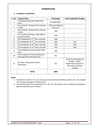 buddh circuit STUDIOS-II @ JPSI – East Page - 12 - of – 16
PAYMENT PLAN
A. Installment Linked Plan
S. No. Payment Due Percentage Other Applicable Charges
1
On Booking along with application
form
As Applicable*
2
On or before 30 days of the issuance
of PAL
20% (Less Booking
Amount*)
3
On or before 90 days of the issuance
of PAL
10%
4
On or before 150 days of the date of
issuance of PAL
10%
5 On completion of 2nd
floor roof slab 10%
6 On completion of 5th
floor roof slab 10% IDC
7 On completion of 8th
floor roof slab 10% ESSC
8 On completion of 11th
floor roof slab 10% EDC
9
On completion of the top floor Roof
Slab
10%
10
On completion of internal plaster &
flooring within the Apartment
5%
11
On offer of Possession of the
Apartment
5%
Social Club Membership
Charges + IFMD +
Maintenance Advance +
One time Lease Rent
Charges
TOTAL 100%
Notes:
1. Installments under S. No. 5 to 10 may run concurrently with those under S. No. 1 to 4 based
on the physical progress of Work at site.
2. The demand letter for Installments at S. No. 5 to 10 shall be sent in advance providing for
payment period of up to 15 days.
Call : 9999 18 4433
 