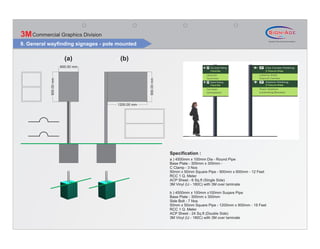 3M Commercial Graphics Division
9. General wayfinding signages - pole mounted

                         (a)          (b)
                       600.00 mm
           900.00 mm




                                                  900.00 mm
                                     1200.00 mm




                                                              Specification :
                                                              a ) 4500mm x 100mm Dia - Round Pipe
                                                              Base Plate - 300mm x 300mm -
                                                              C Clamp - 3 Nos
                                                              50mm x 50mm Square Pipe - 900mm x 600mm - 12 Feet
                                                              RCC 1 Q. Meter
                                                              ACP Sheet - 6 Sq.ft (Single Side)
                                                              3M Vinyl (IJ - 180C) with 3M over laminate

                                                              b ) 4500mm x 100mm x100mm Suqare Pipe
                                                              Base Plate - 300mm x 300mm
                                                              Side Bolt - 7 Nos
                                                              50mm x 50mm Square Pipe - 1200mm x 900mm - 18 Feet
                                                              RCC 1 Q. Meter
                                                              ACP Sheet - 24 Sq.ft (Double Side)
                                                              3M Vinyl (IJ - 180C) with 3M over laminate
 