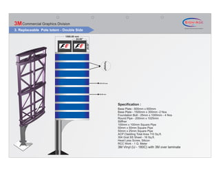 3M Commercial Graphics Division
3. Replaceable Pole totem - Double Side
                            1500.00 mm
                                     24.00"




                                              20.00"




                                                            300.00 mm
                                                       279.375 mm




                                                       85.00 mm




                                                                        Specification :
                                                                        Base Plate - 600mm x 600mm
                                                                        Base Plate - 1500mm x 300mm -2 Nos
                                                                        Foundation Bolt - 25mm x 1000mm - 4 Nos
                                                                        Round Pipe - 200mm x 1025mm
                                                                        Stiffner
                                                                        100mm x 100mm Square Pipe
                                                                        50mm x 50mm Square Pipe
                                                                        50mm x 25mm Square Pipe
                                                                        ACP Cladding Total Area 110 Sq.ft.
                                                                        304 Grat SS Sheet - 16 Sq.ft.
                                                                        Head Less Screw, Silicon
                                                                        RCC Work - 1 Q. Meter
                                                                        3M Vinyl (IJ - 180C) with 3M over laminate
 