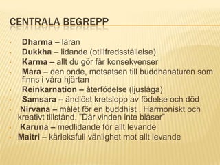 CENTRALA BEGREPP
•    Dharma – läran
•    Dukkha – lidande (otillfredsställelse)
•    Karma – allt du gör får konsekvenser
•    Mara – den onde, motsatsen till buddhanaturen som
     finns i våra hjärtan
•    Reinkarnation – återfödelse (ljuslåga)
•    Samsara – ändlöst kretslopp av födelse och död
•    Nirvana – målet för en buddhist . Harmoniskt och
    kreativt tillstånd. ”Där vinden inte blåser”
•    Karuna – medlidande för allt levande
•   Maitri – kärleksfull vänlighet mot allt levande
 