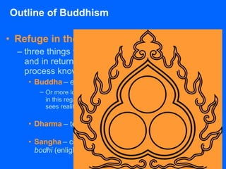 Outline of Buddhism Refuge in the Three Jewels three things that Buddhists give themselves to, and in return look toward for guidance, in the process known as  taking refuge. Buddha  – example of Buddha Or more loosely, the  wisdom  that understands Dharma, and in this regard the Buddha represents the perfect wisdom that sees reality in its true form  Dharma   – teachings/laws as expounded by Buddha Sangha   – community of those who will help others attain  bodhi  (enlightenment). 
