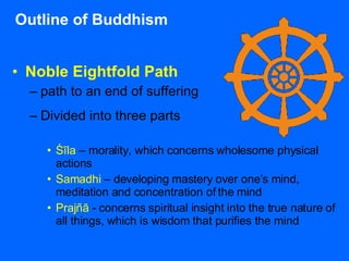 Outline of Buddhism Noble Eightfold Path   path to an end of suffering Divided into three parts   Śīla  – morality, which concerns wholesome physical actions Samadhi  – developing mastery over one’s mind, meditation and concentration of the mind  Prajñā  - concerns spiritual insight into the true nature of all things, which is wisdom that purifies the mind 