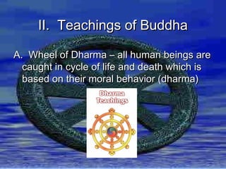 II. Teachings of BuddhaII. Teachings of Buddha
A. Wheel of Dharma – all human beings areA. Wheel of Dharma – all human beings are
caught in cycle of life and death which iscaught in cycle of life and death which is
based on their moral behavior (dharma)based on their moral behavior (dharma)
 