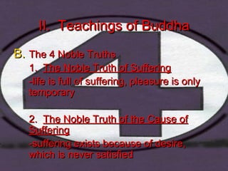 II. Teachings of BuddhaII. Teachings of Buddha
B.B. The 4 Noble TruthsThe 4 Noble Truths
1.1. The Noble Truth of SufferingThe Noble Truth of Suffering
-life is full of suffering, pleasure is only-life is full of suffering, pleasure is only
temporarytemporary
2.2. The Noble Truth of the Cause ofThe Noble Truth of the Cause of
SufferingSuffering
-suffering exists because of desire,-suffering exists because of desire,
which is never satisfiedwhich is never satisfied
 