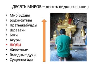 ДЕСЯТЬ МИРОВ – десять видов сознания
• Мир Будды
• Бодхисаттвы
• Пратьекабудды
• Шраваки
• Боги
• Асуры
• ЛЮДИ
• Животные
• Голодные духи
• Существа ада
 