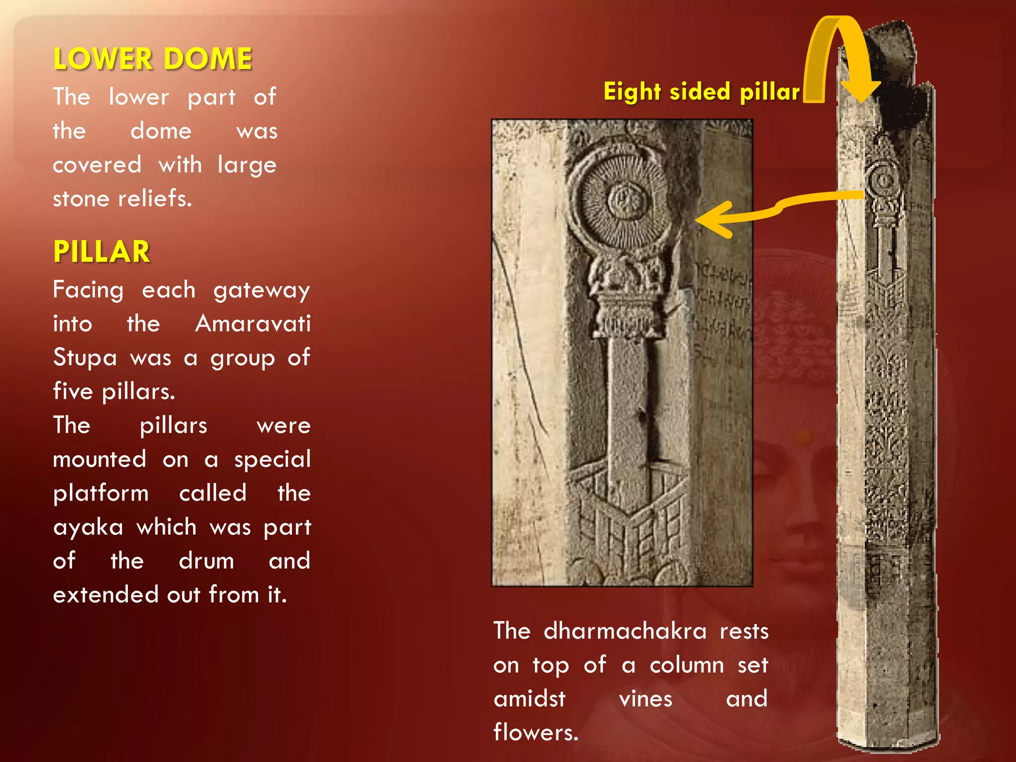 LOWER DOME
The lower part of               Eight sided pillar
the    dome    was
covered with large
stone reliefs.
PILLAR
Facing each gateway
into the Amaravati
Stupa was a group of
five pillars.
The      pillars were
mounted on a special
platform called the
ayaka which was part
of the drum and
extended out from it.
                        The dharmachakra rests
                        on top of a column set
                        amidst    vines   and
                        flowers.
 