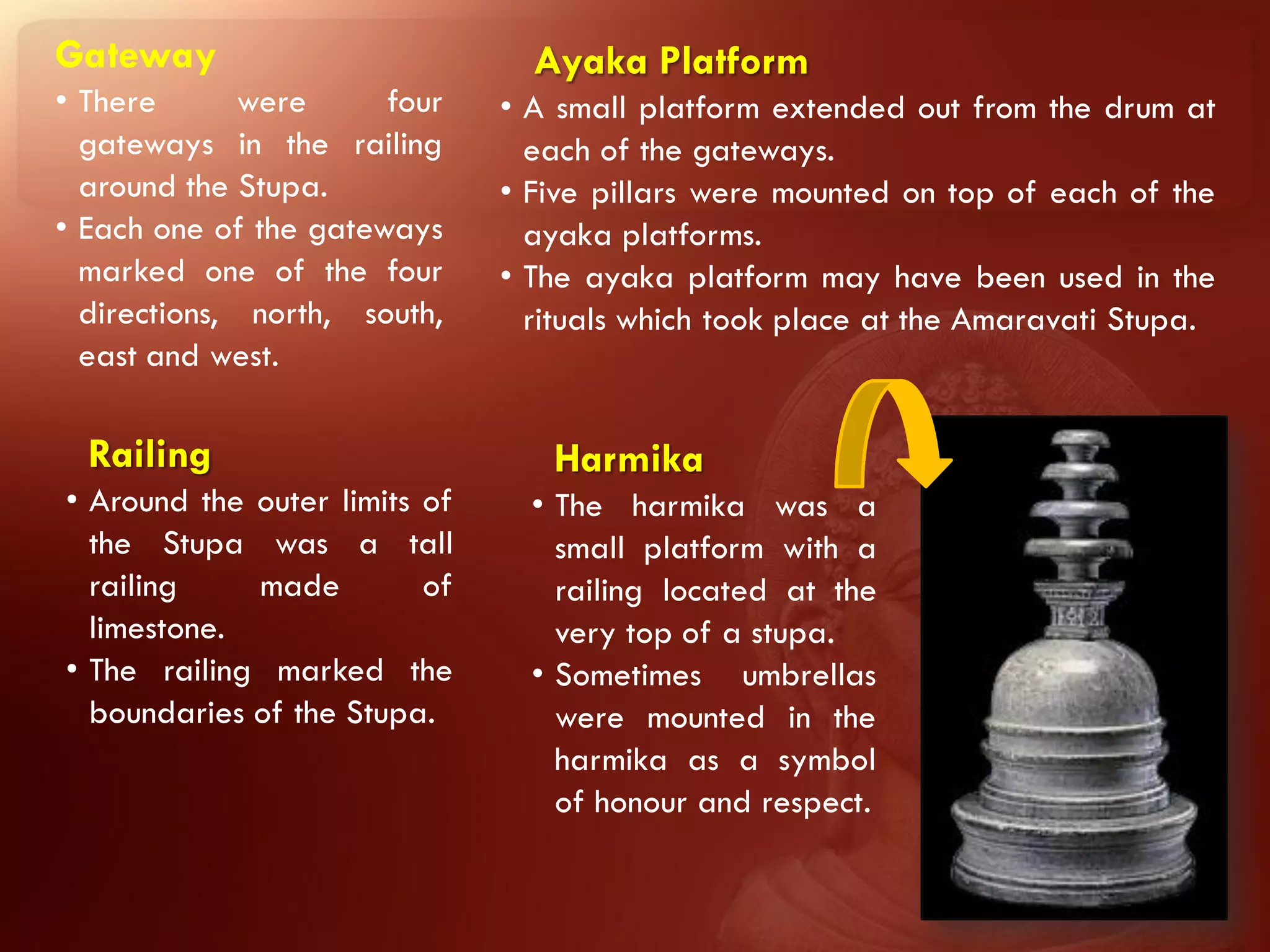 Gateway                          Ayaka Platform
• There       were     four    • A small platform extended out from the drum at
  gateways in the railing        each of the gateways.
  around the Stupa.            • Five pillars were mounted on top of each of the
• Each one of the gateways       ayaka platforms.
  marked one of the four       • The ayaka platform may have been used in the
  directions, north, south,      rituals which took place at the Amaravati Stupa.
  east and west.

  Railing                         Harmika
• Around the outer limits of     • The harmika was a
  the Stupa was a tall             small platform with a
  railing    made         of       railing located at the
  limestone.                       very top of a stupa.
• The railing marked the         • Sometimes umbrellas
  boundaries of the Stupa.         were mounted in the
                                   harmika as a symbol
                                   of honour and respect.
 