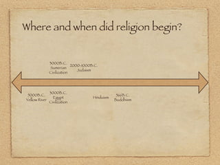 Where and when did religion begin? 3000B.C. Sumerian Civilization 3000B.C. Egypt Civilization 5000B.C. Yellow River 2000-1000B.C. Judaism 566B.C. Buddhism Hinduism 
