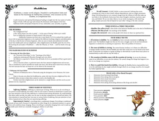 Buddhism
Buddhism, a major world religion, founded in northeastern India and
based on the teachings of Siddhartha Gautama, who is known as the
Buddha, or Enlightened One.
•	 A path of practice and spiritual development leading to insight into the true nature of reality.
•	 Began in India 2,500 years ago and remains the dominant world religion in the East.
•	 Addresses itself to all people irrespective of race, nationality, caste, sexuality, or gender.
THE BUDDHA
•	 The “Enlightened One”
•	 a title, which means ‘one who is awake’ — in the sense of having ‘woken up to reality’
•	 born as Siddhartha Gautama in Nepal around 2,500 years ago
	 	 - Siddhartha Gautama was born into a royal family. At 29, he realised that wealth and
luxury did not guarantee happiness, so he explored the different teachings religions and philosophies
of the day, to find the key to human happiness. After six years of study and meditation he finally
found ‘the middle path’ and was enlightened. After enlightenment, the Buddha spent the rest of his
life teaching the principles of Buddhism — called the Dharma, or Truth — until his death at the age
of 80.
TWO MAJOR BRANCHES OF BUDDHISM
1. Theravada, the Way of the Elders
•	 the “Doctrine of the Elders” or the “Teachings of the Elders”
•	 emphasizes attaining self-liberation through one’s own efforts
•	 the follower is expected to “abstain from all kinds of evil, to accumulate all that is good and to
purify their mind”
•	 strive to become arhats, or perfected saints who have attained enlightenment and nirvana.
This is considered to only be possible for monks and nuns, who devote their entire lives to the task.
The best outcome the laity can hope for is to be reborn in the monastic life
2. Mahayana, the Great Vehicle
• 	 Followers of Mahayana refer to Theravada using the derogatory term Hinayana, the Lesser
Vehicle.
•	 Hope to become not arhats but boddhisatvas, saints who have become enlightened but who
unselfishly delay nirvana to help others attain it as well, as the Buddha did.
•	 Further teach that enlightenment can be attained in a single lifetime, and this can be accom-
plished even by a layperson.
THREE MARKS OF EXISTENCE
•	 Suffering (Dukkha)- Suffering is a natural part of living. While we try to do everything in
our power to avoid suffering, the reality is that we can’t avoid it. Instead we should learn to pause and
pay close attention to the fact that suffering is a common bond among all humans. By understanding
that others suffer just like you suffer, you can start to develop compassion for yourself and others. Pay
close attention to yourself and how you react to various forms of suffering, then pay attention to how
others respond and act when they are experiencing suffering.
•	 Impermanent (Annica)- everything that is conditioned changes. Everything is conditioned
(except nirvana itself), because it is dependent on other things for its continued existence in a given
form, and conditions keep changing. Hence everything is constantly changing form, and is made up
of smaller parts which are constantly changing in relation to each other.
•	 No self (Annata)- EVERYTHING is interconnected. Nothing that exists,
including you, exists in and of itself, without dependencies, and as a single, permanent
thing. Everything about us is in constant change from the trillions of cells that make up
our body, to the multitude of processes that create thoughts, emotions, reactions, opin-
ions, and beliefs. We are not static objects, we are works in progress, with mind-bog-
gling complex processes that all depend on each other. Change is the only constant.
THREE JEWELS or THREE TREASURES
	 •Buddha (the yellow jewel) -refers both to the historical Buddha and to the ideal of Buddhahood
	 •Dharma (the blue jewel)- the teachings of the Buddha
	 •Sangha (the red jewel)- refers to the people with whom we share our spiritual lives
FOUR NOBLE TRUTHS
1. All existence is dukkha. The word dukkha has been variously translated as ‘suffering’, ‘an-
guish’, ‘pain’. The Buddha’s insight was that our lives are a struggle, and we do not find ultimate
happiness or satisfaction in anything we experience. This is the problem of existence.
2. The cause of dukkha is craving. The natural human tendency is to blame our difficulties
on things outside ourselves. But the Buddha says that their actual root is to be found in the mind
itself. In particular our tendency to grasp at things (or alternatively to push them away) places us
fundamentally at odds with the way life really is.
3. The cessation of dukkha comes with the cessation of craving. As we are the ultimate
cause of our difficulties, we are also the solution. We cannot change the things that happen to us,
but we can change our responses.
4. There is a path that leads from dukkha. Although the Buddha throws responsibility back
on to the individual, he also taught methods through which we can change ourselves, for example
the Noble Eightfold Path.
PRANCASILA (Five Moral Precepts)
1.	 Abstention from harming living things
2.	 Abstention from taking what is not given
3.	 Abstention from sexual misconduct
4.	 Abstention from lying or gossip
5.	 Abstention from taking intoxicating substances like drugs and alcohol
SIX PERFECTIONS
1.	 Dana paramita: generosity
2.	 Sila paramita: morality
3.	 Ksanti paramita: patience
4.	 Virya paramita: effort
5.	 Dhyana paramita: concentration
6.	 Prajna paramita: insight
 