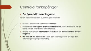 Centrala tankegångar
 De fyra ädla sanningarna
För att nå nirvana ska en buddhist göra följande:
1. Dukha – erkänna att det finns ett lidande.
2. Få insikt om att begären är orsaken till lidandet. Att vi människor har ett
behov av att sträva efter tillfredställelse.
3. Uppnå insikt om att lidandet kan ta slut och att människan kan motstå
begären.
4. Det finns ett slut på lidandet – och den uppnås genom att följa den
åttafaldiga vägen (se nästa flik).
 