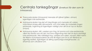 Centrala tankegångar (överkurs för den som är
intresserad)
 Theravada-skolan (hinayana) menade att självet (själen, atman)
egentligen inte existerade.
 Mahayana-skolan tog det ett steg längre och menade att varken
människans kropp eller själ existerar, och inte heller de materiella tingen
existerade. Ingenting är egentligen verkligt utan allt är en typ av illusion
(maya).
 Mahayana-skolan: Allt, varelser som ting, är tomma och icke-existerande
vilket ska förstås som att det visst finns någonting men det är dock samtidigt
icke-existerande. Alla världsliga ting, varelser som saker, oavsett vilket namn
de tillskrivs så korresponderar de inte till något som är av ett tillstånd av
egentlig realitet. Egentligen är allting opersonliga energiimpulser, s.k.
dharmas som cirkulerar runt.
 