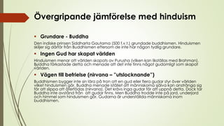 Övergripande jämförelse med hinduism
 Grundare - Buddha
Den indiske prinsen Siddharta Gautama (500 f.v.t.) grundade buddhismen. Hinduismen
skiljer sig därför från Buddhismen eftersom de inte har någon tydlig grundare.
 Ingen Gud har skapat världen
Hinduismen menar att världen skapats av Purusha (vilken kan likställas med Brahman).
Buddha förkastade detta och menade att det inte finns något gudomligt som skapat
världen.
 Vägen till befrielse (nirvana – ”utslocknande”)
Buddhismen bygger inte sin lära på tron att en gud eller flera gudar styr över världen
vilket hinduismen gör. Buddha menade istället att människorna själva kan anstränga sig
för att slippa att återfödas (nirvana). Det krävs inga gudar för att uppnå detta. Dock tar
Buddha inte avstånd från att gudar finns. Men Buddha trodde inte på jord, underjord
och himmel som hinduismen gör. Gudarna är underställda människorna inom
buddhismen.
 