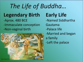 The Life of Buddha…
    Legendary Birth          Early Life
    -Aprox. 480 BCE          -Named Siddhartha
    -Immaculate conception   Gautama
    -Non-vaginal birth       -Palace life
                             -Married and began
                             a family
                             -Left the palace



www.blog.tsemtulku.com
 