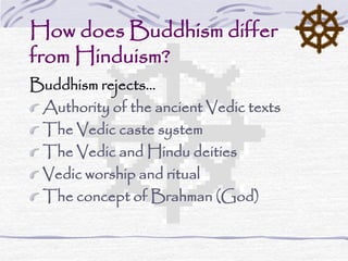 How does Buddhism differ
from Hinduism?
Buddhism rejects…
Authority of the ancient Vedic texts
The Vedic caste system
The Vedic and Hindu deities
Vedic worship and ritual
The concept of Brahman (God)
 
