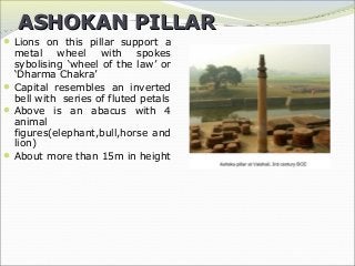 ASHOKAN PILLARASHOKAN PILLAR
Lions on this pillar support a
metal wheel with spokes
sybolising ‘wheel of the law’ or
‘Dharma Chakra’
Capital resembles an inverted
bell with series of fluted petals
Above is an abacus with 4
animal
figures(elephant,bull,horse and
lion)
About more than 15m in height
 