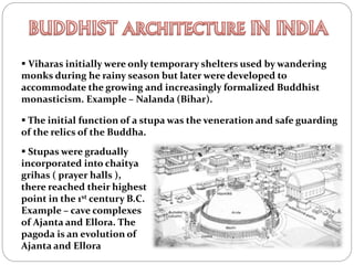  Viharas initially were only temporary shelters used by wandering
monks during he rainy season but later were developed to
accommodate the growing and increasingly formalized Buddhist
monasticism. Example – Nalanda (Bihar).
 The initial function of a stupa was the veneration and safe guarding
of the relics of the Buddha.
 Stupas were gradually
incorporated into chaitya
grihas ( prayer halls ),
there reached their highest
point in the 1st century B.C.
Example – cave complexes
of Ajanta and Ellora. The
pagoda is an evolution of
Ajanta and Ellora
 