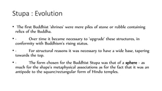 Stupa : Evolution
• The first Buddhist 'shrines' were mere piles of stone or rubble containing
relics of the Buddha.
• · Over time it became necessary to 'upgrade' these structures, in
conformity with Buddhism's rising status.
• · For structural reasons it was necessary to have a wide base, tapering
towards the top.
• · The form chosen for the Buddhist Stupa was that of a sphere - as
much for the shape's metaphysical associations as for the fact that it was an
antipode to the square/rectangular form of Hindu temples.
 