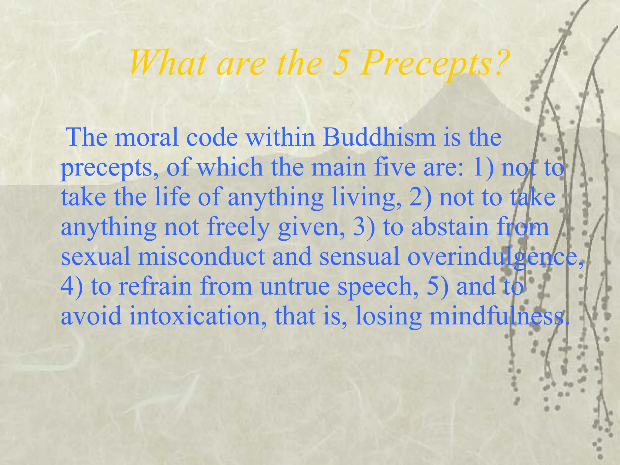 What are the 5 Precepts?
The moral code within Buddhism is the
precepts, of which the main five are: 1) not to
take the life of anything living, 2) not to take
anything not freely given, 3) to abstain from
sexual misconduct and sensual overindulgence,
4) to refrain from untrue speech, 5) and to
avoid intoxication, that is, losing mindfulness.
 